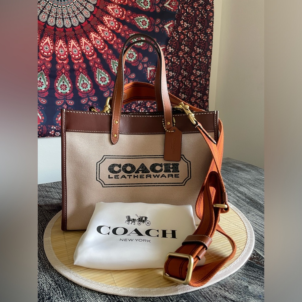 Coach Leatherware Two-Tone Canvas Tote in Beige and Brown with Orange Strap